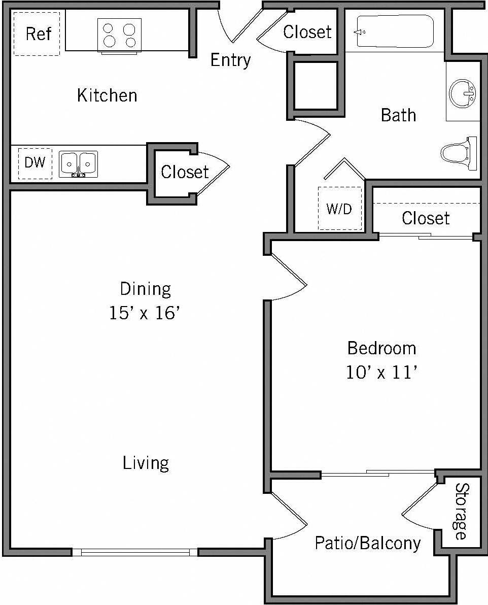 Floor plan for 1 bed, 1 bath, 670 sqft